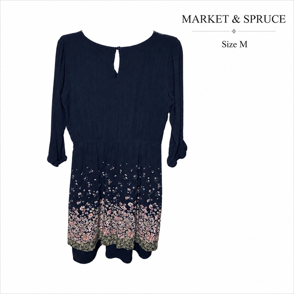 Market & Spruce Navy Embroidered Floral Boho Dress Women's Medium 3/4 Sleeve